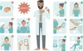 Covid-19 virus protection tips. Doctor character pointing on phone screen. Coronovirus alert